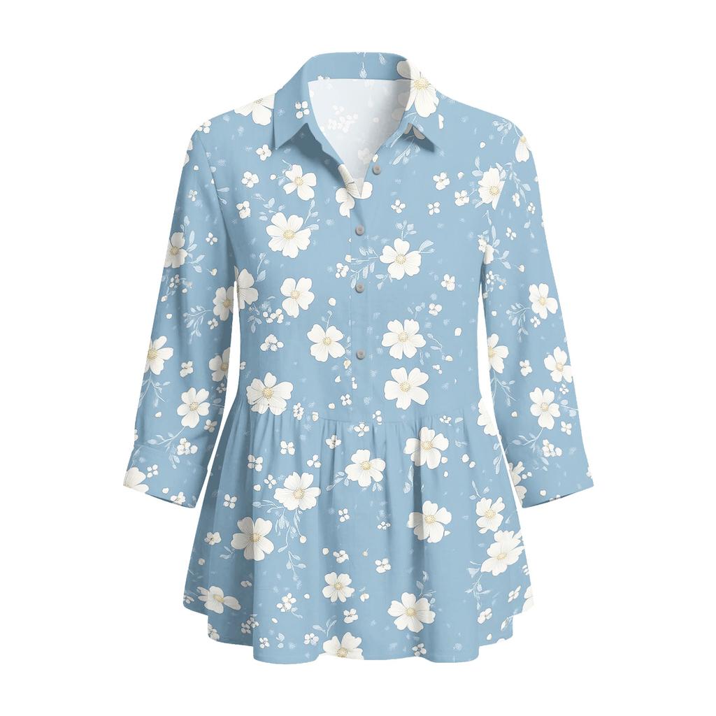 Women Button Front Collared Retro Floral Print Three Quarter Sleeve Loose Fit Shirt Blouse for Casual or Daily Wear