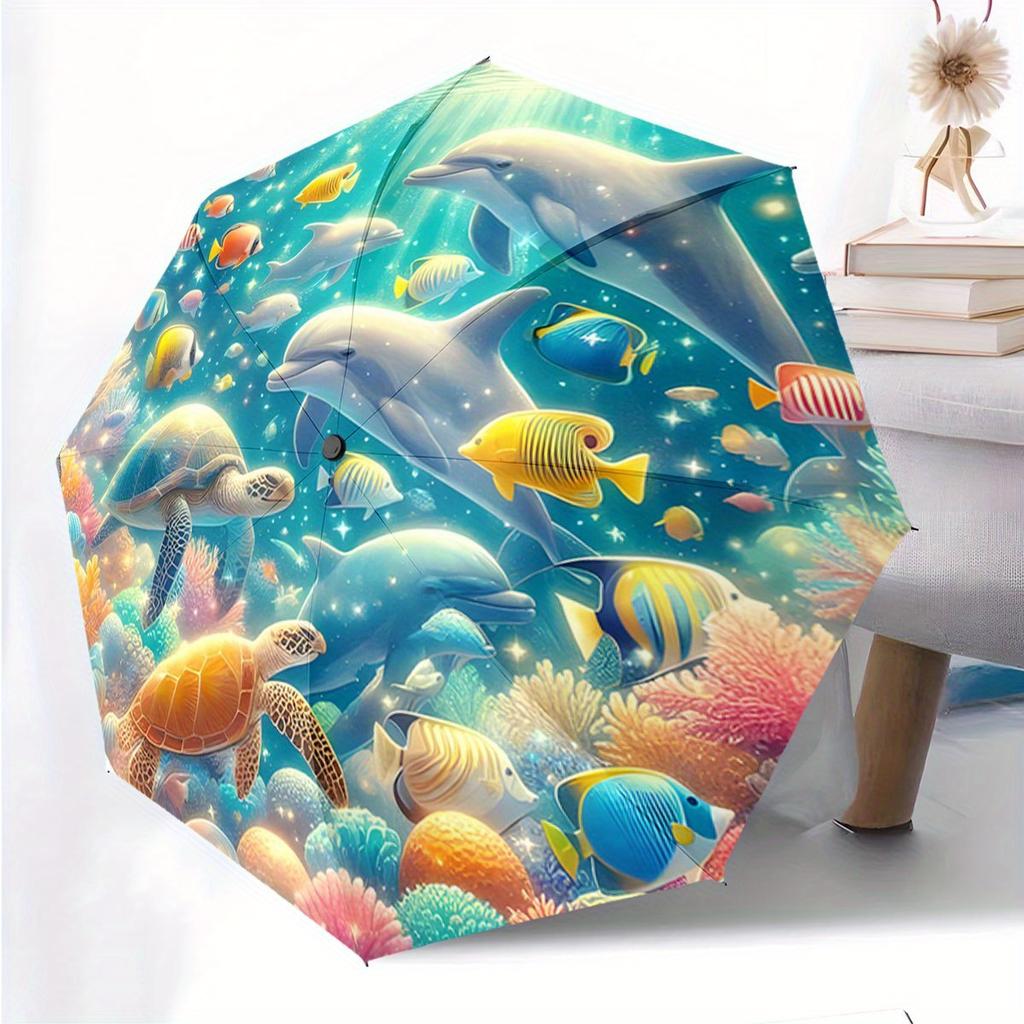 Automatischer Faltschirm mit Unterwasser-Meeresleben-Design - Schildkröten, Delfine & Bunte Fische, Oktopus & Korallenriff-Muster,