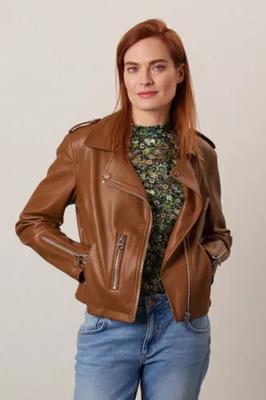 Jachetă de damă maro din piele naturală de miel, elegantă, lucrată manual, biker, motocicletă