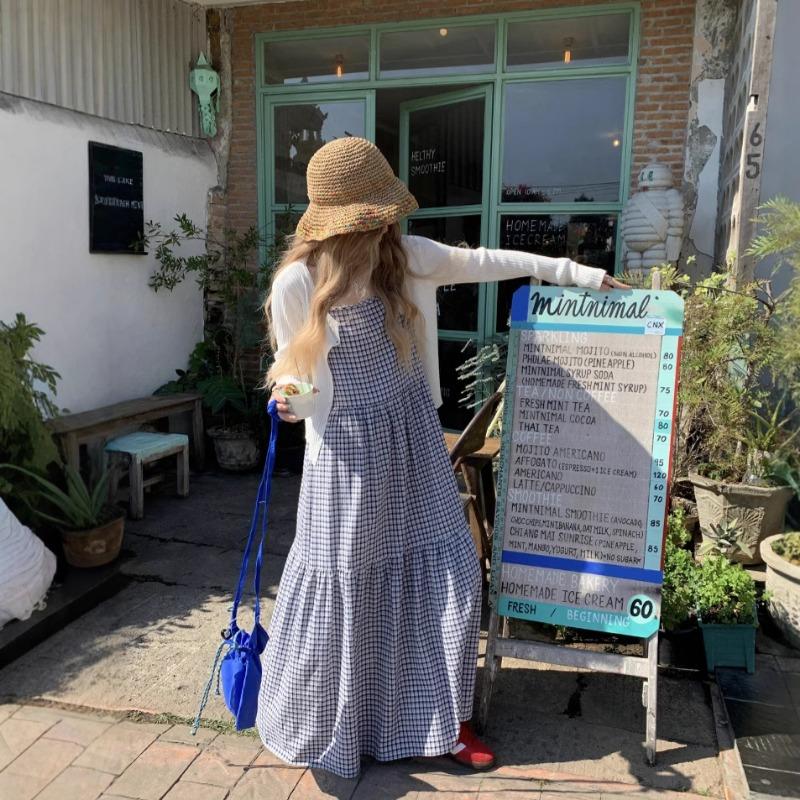 Women's Summer Vintage Style Waist Slimming Plaid Halter Dress Seaside Holiday Ankle Dress