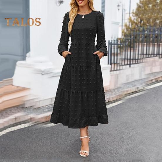 Herbst Winter Damen Kleid Lange Laternenärmel A-Linie Rundhals Großer Saum Punktapplikation Plissiert Einfarbig Dating Pendeln Midikleid