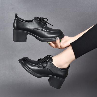 Round Head Thick Heel Single Shoes Women's Shoes Autumn New Medium Heel Small Leather Shoes First Layer Cowhide Low Top Shoes