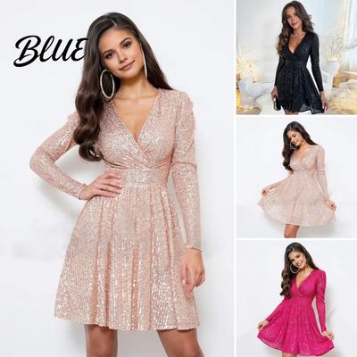 Sexy Party Dress Women's Sparkling Sequin Mini Long Sleeve V-Neck V-neck Slim Fit Lady Cocktail for Parties Weddings Clubs Proms Solid Color