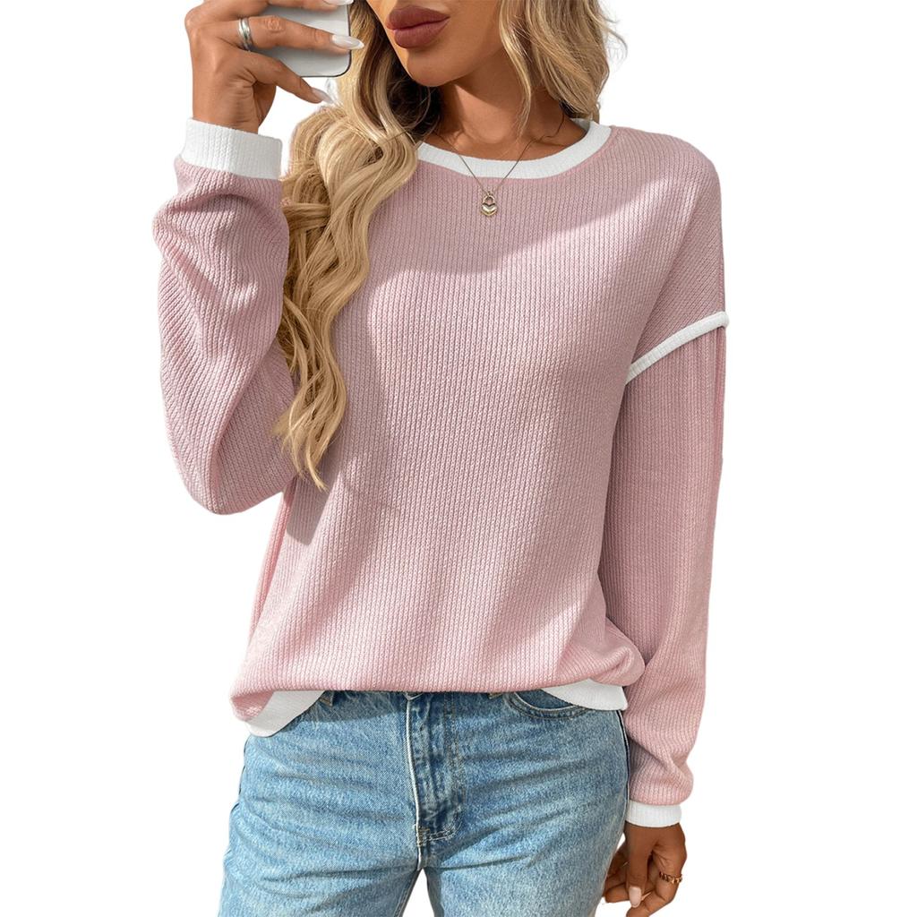 Women's Fashion Round Neck Imitation Sweater Long Sleeve Colour Block Loose Top