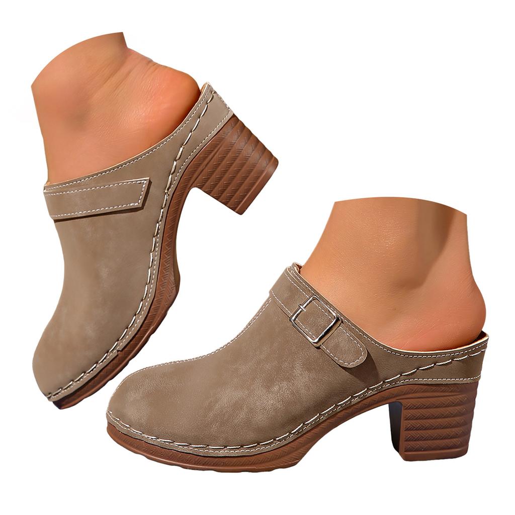 Scarpe da Donna Retro con Tacco Chunky, Schiena Scoperta, Scamosciate, Punta Tonda, Tacco Medio Sandali Bassi da Donna Sandali Huarache da Donna