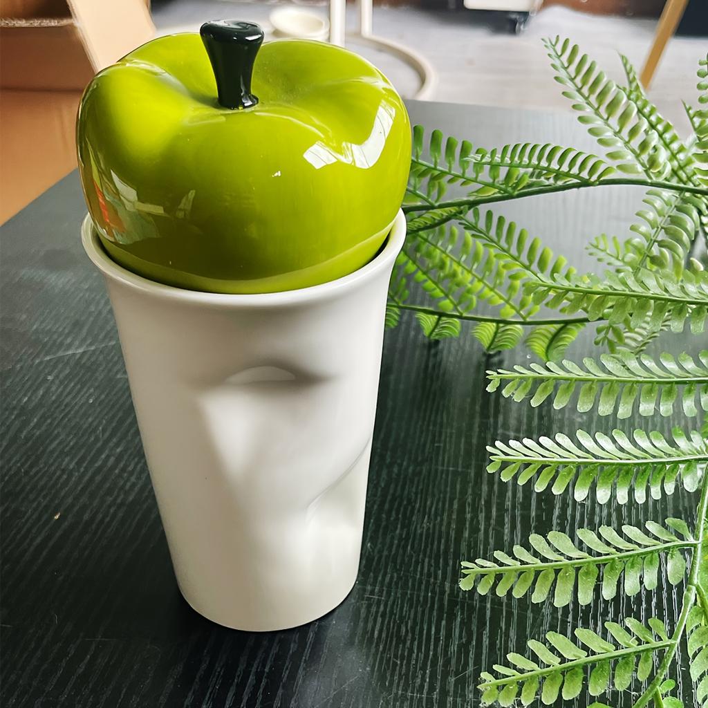 Apple Shaped Ceramic Coffee Mug with Lid , Heat Resistant, Non-Slip, Reusable, Hand Wash Only, Round Fruit Pattern