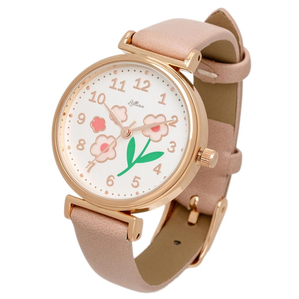 [Fieldwork] Women's Watch Analog Leather Strap Epo Floral Pattern Pink Lale YM117-2
