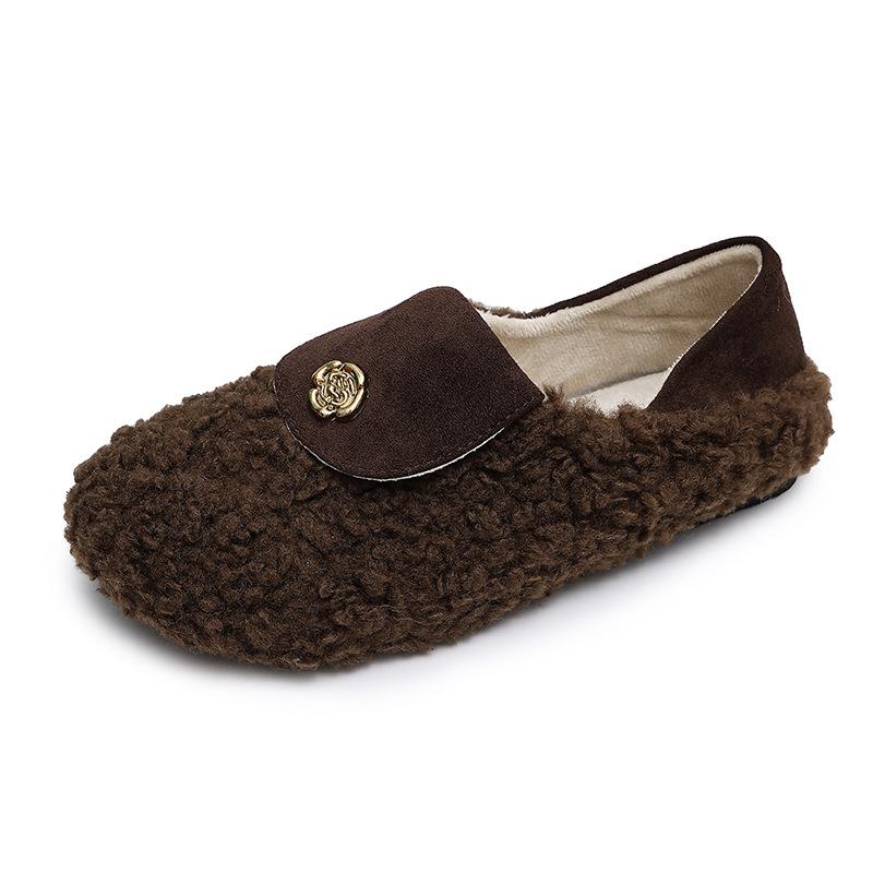 French Flat-soled Lamb Wool Shoes Women's Shoes Wear 2025 New Autumn and Winter Velvet Cotton Shoes Soft-soled Beanie Shoes