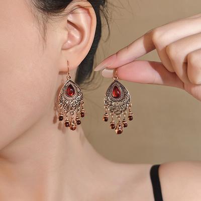 Bohemian Retro Red Waterdrop Pattern Tassel Earrings Vintage High-end Sense Temperament Ear Jewelry