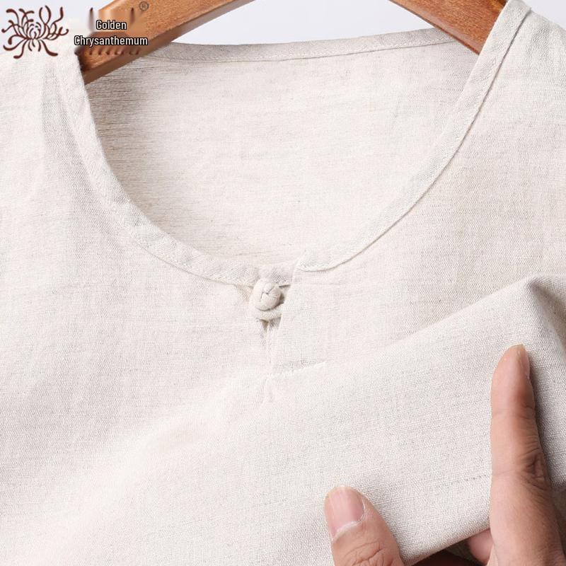 Men's Summer Cotton Linen Blend Round Neck T-Shirt