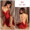 Solid color satin sexy high split neck halter suspender nightdress robe women's loungewear set