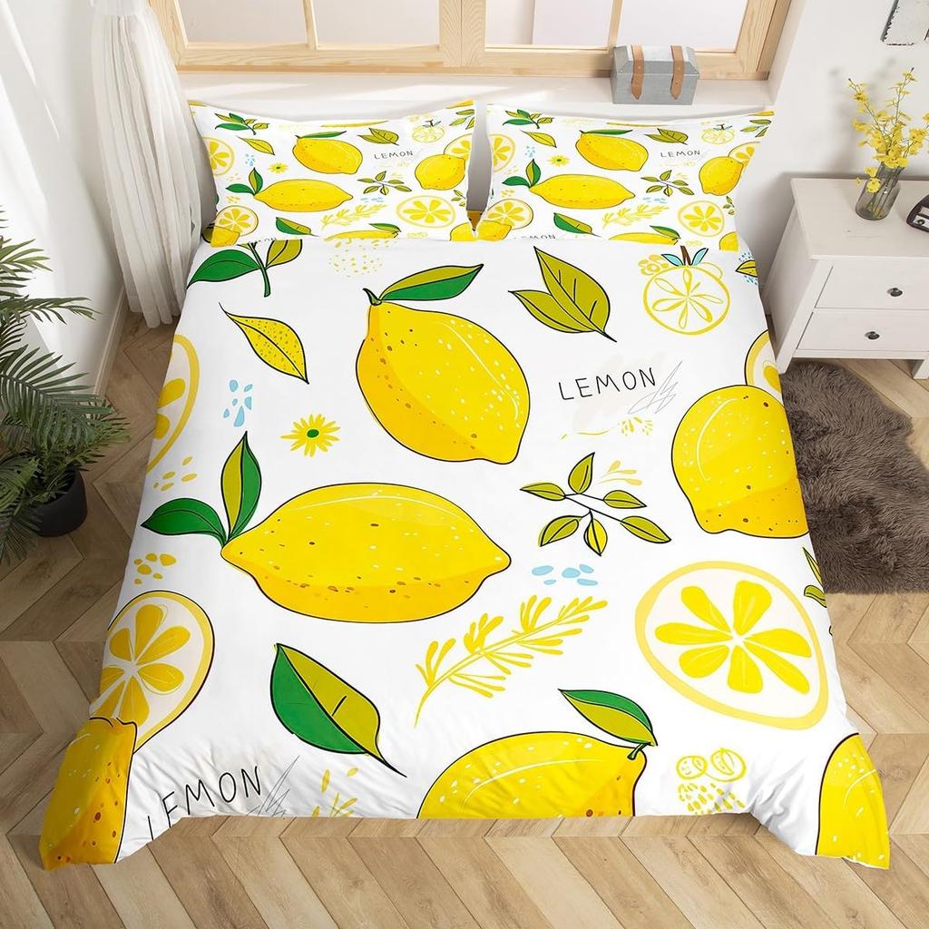 Set Biancheria da Letto Limone e Arancia per Bambini Ragazzi Ragazze Copripiumino Pompelmo Singolo Matrimoniale Estate Fresco Frutta Copripiumino Set
