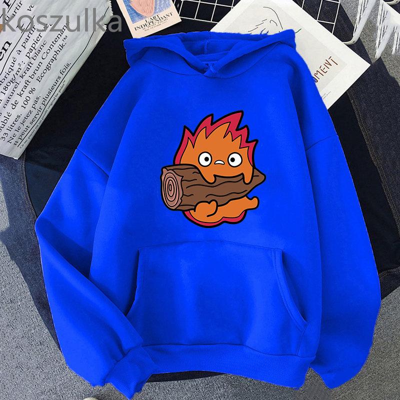 Howl's Moving Castle Calcifer Hettegensere Løs Fleece Hettegenser Tegneserie Calcifer Vintage Pullovers Gensere Vinter Dame Streetwear
