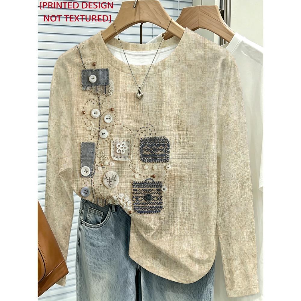 Women Long Sleeve T Shirt Patchwork Block Print Round Neck Color