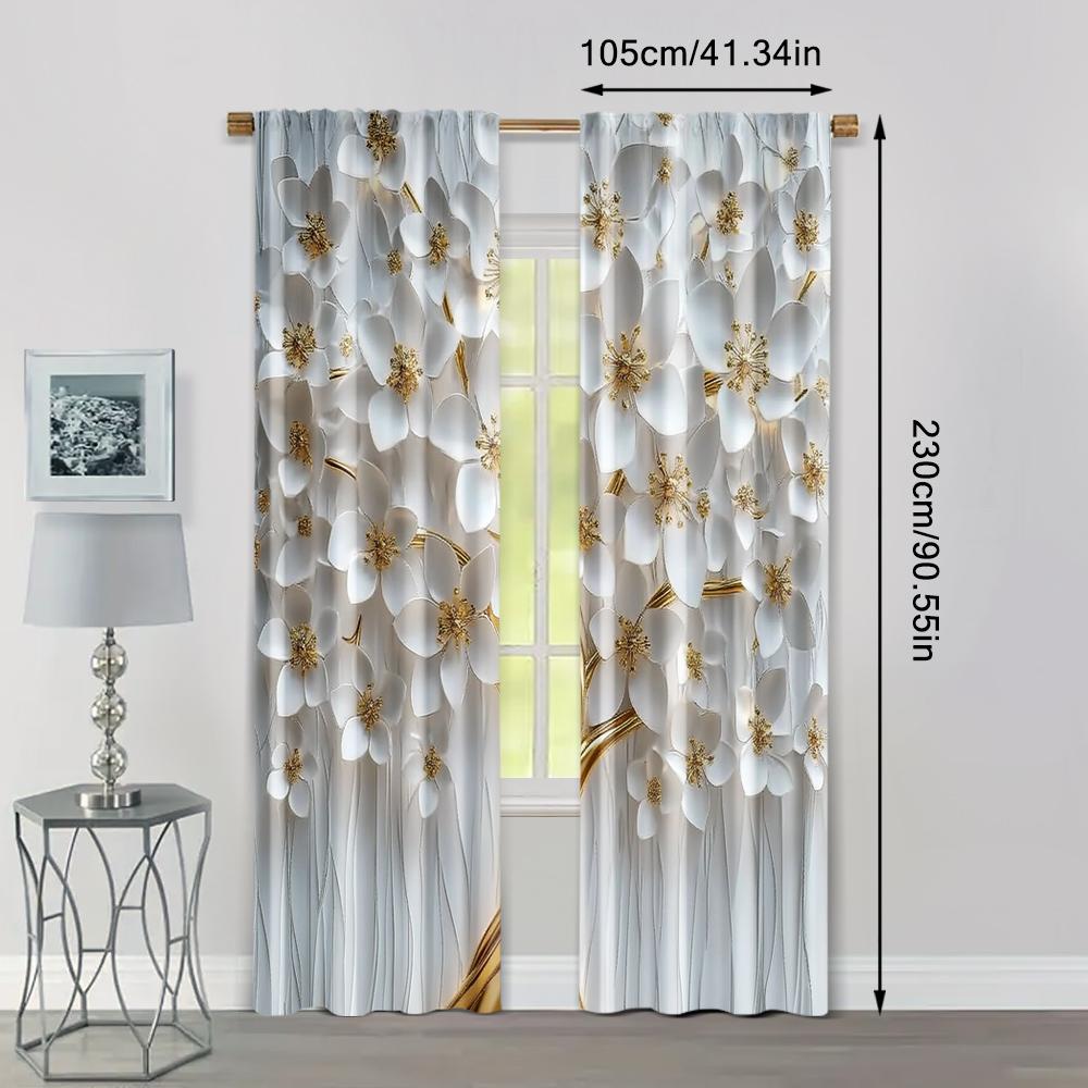 Set Of 2 Popular Curtain Panels Print White Floral Versatile Polyester Without Rod Holiday Kitchen Living Room Perfect For Area