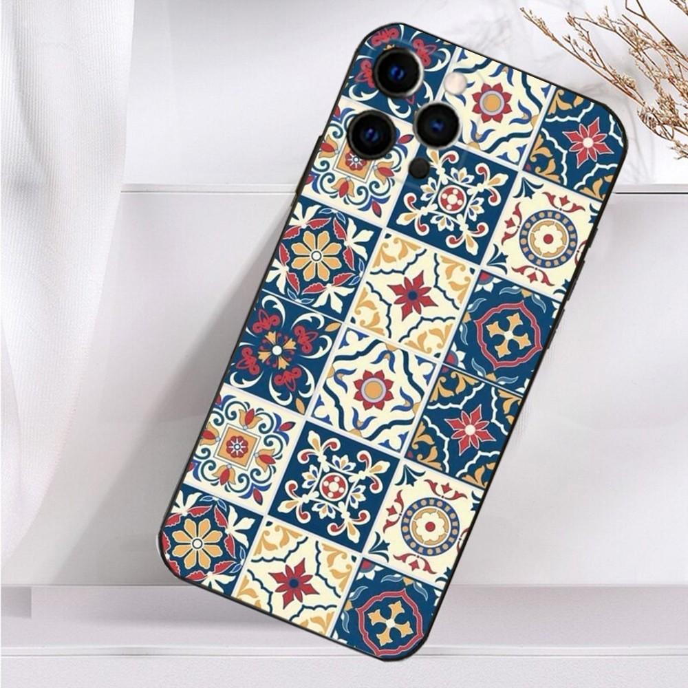 M-Moroccan Tile Phone Case For iPhone 16,15,14,13,12,11 Plus,Pro Max,XS,X,XR,SE,Mini,8,7 Soft Silicone Black Cover