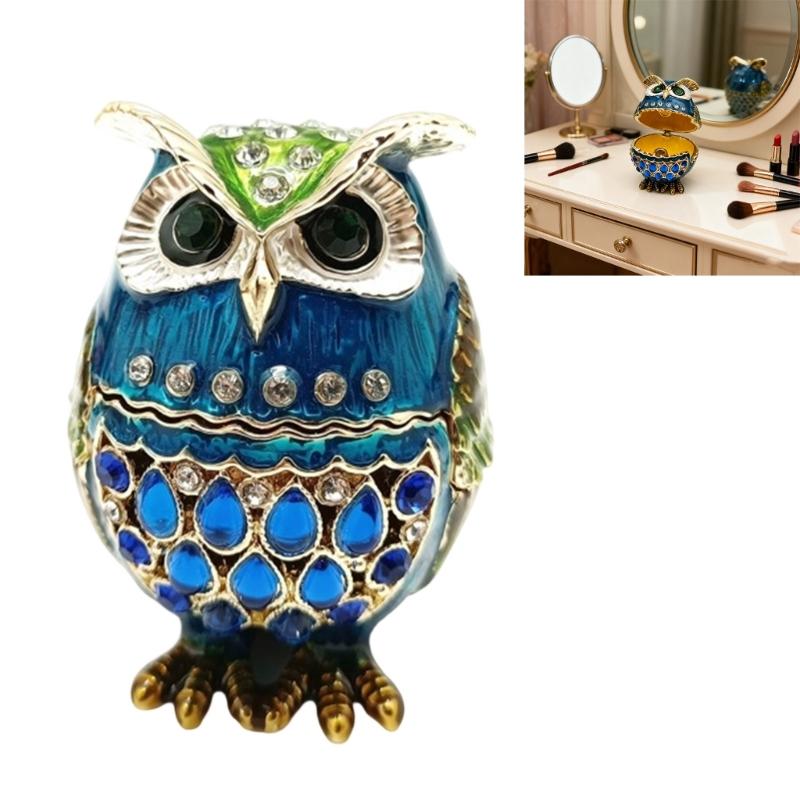 Elegant Owl Themed Jewelry Organizers With Diamonds Accent Secure Alloy Case for Rings Collections