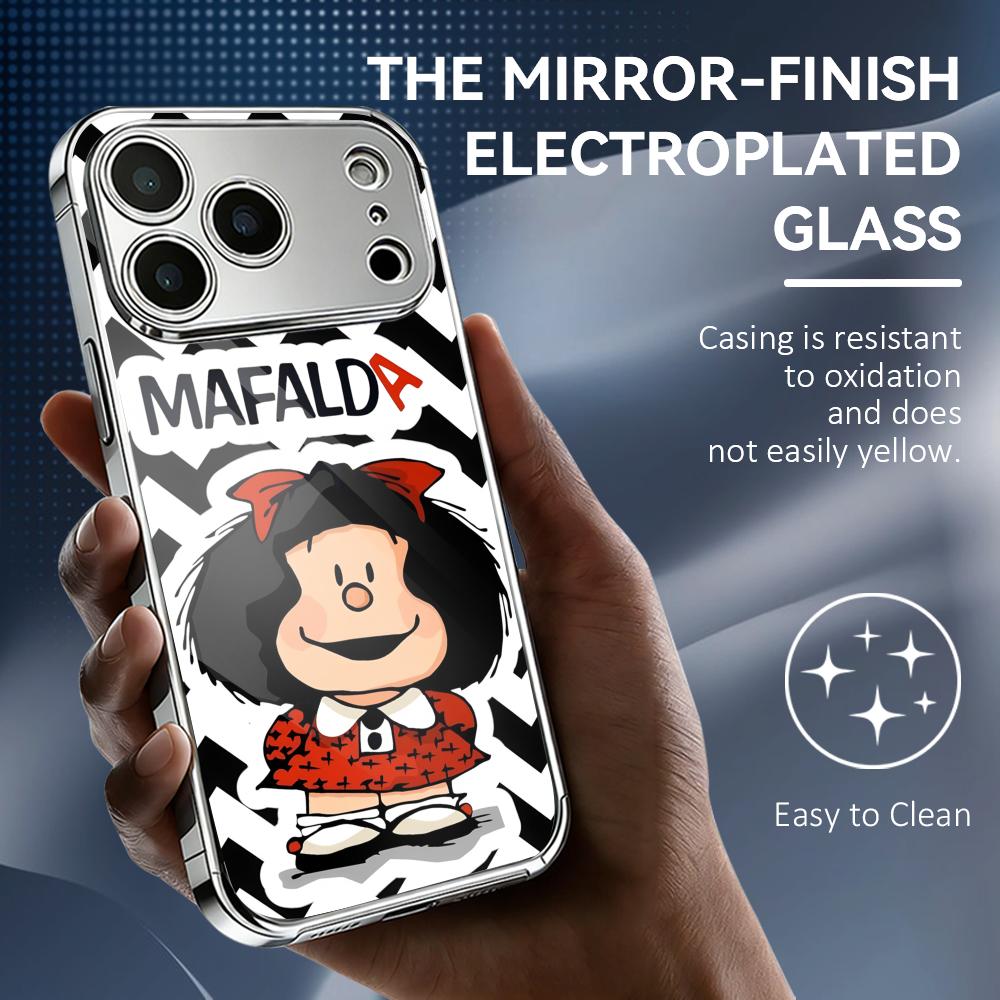 Cute M-Mafalda Phone Case For iPhone 17 16 15 14 13 12 Pro Max Plus Electroplated Metal Shockproof Bumper Case Glass Back