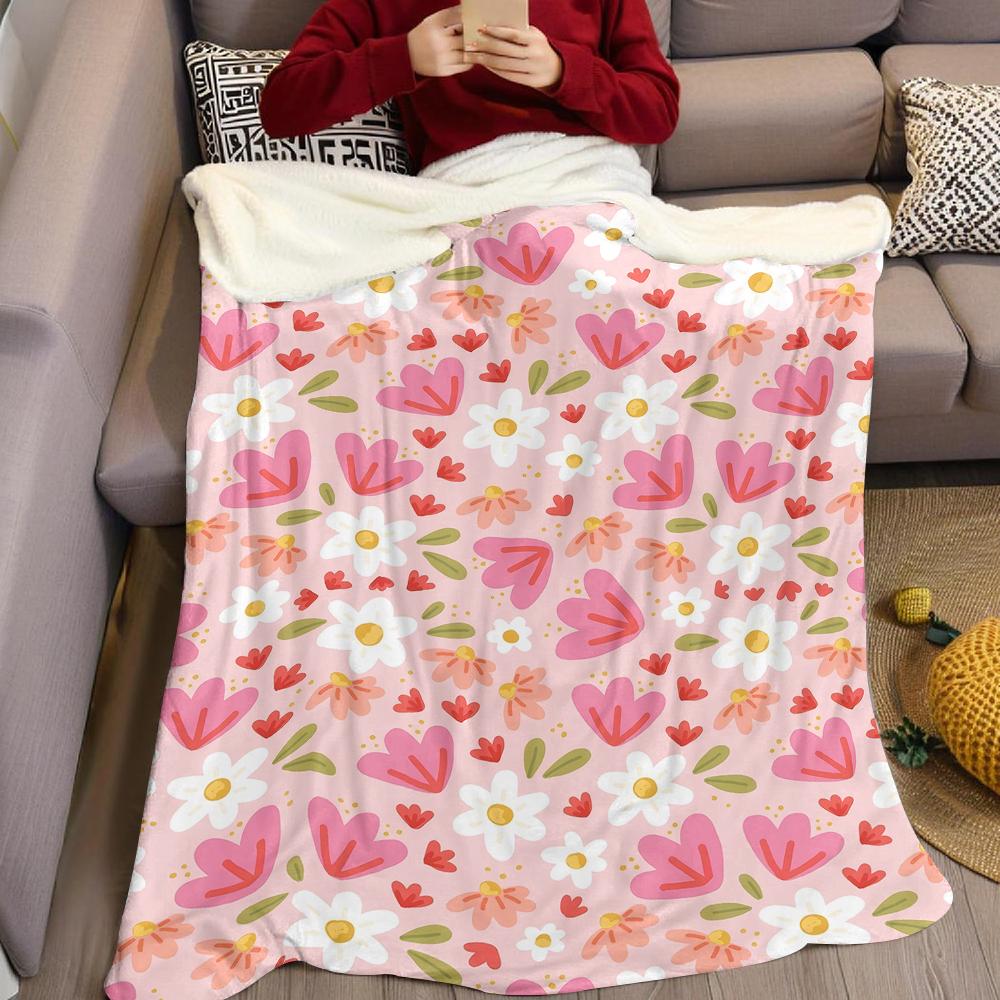Blush Floral Heart Flannel Blanket Warm Soft Halloween Christmas Couch Warm Cozy Decorative Decor Gift for All Season