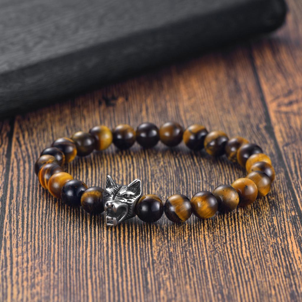 New Black Agate Tiger Eye Stone DIY Bracelet with Personalized Wolf Head Stainless Steel Trendy Men's Beaded Bracelet