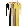 2026 American Hot Girl Rib Knit V-Neck Bodycon Sweater Dress with Slim Fit and Split Hem