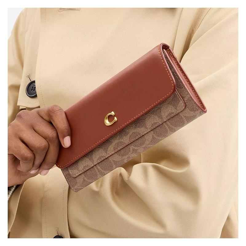 COACH Mila ong flap folding coated canvas and calfskin wallet regular women's brass and caramel color Brass with caramel color