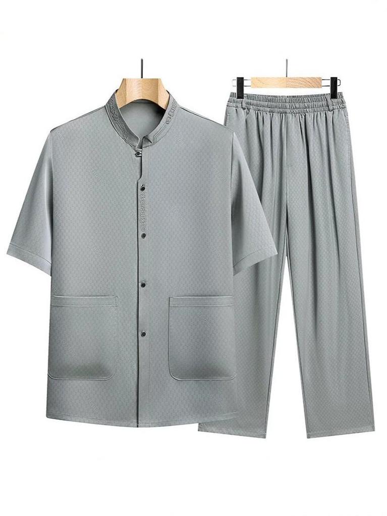 Men's Summer Ice Silk Chinese Two-Piece Set: Loose Short-Sleeve Shirt Suit for Middle-Aged and Elderly