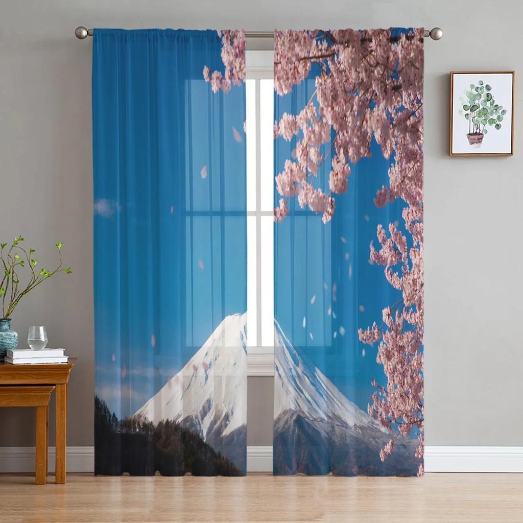 Watercolor Pink Cherry Blossom Ink Chiffon Sheer Curtains for Living Room Bedroom Decoration Window Voiles Tulle Curtain Drapes