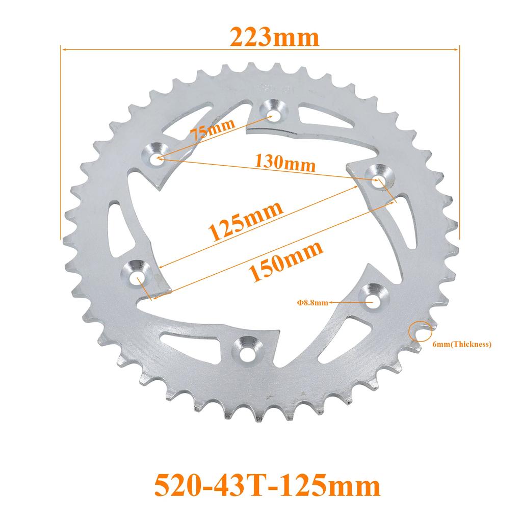 Motorcycle 520 Chains 43T/44T/52T 58mm 125mm Sprockets Rear Back Sprocket Cog Fit for Karting ATV Off-road Motorcycle Parts