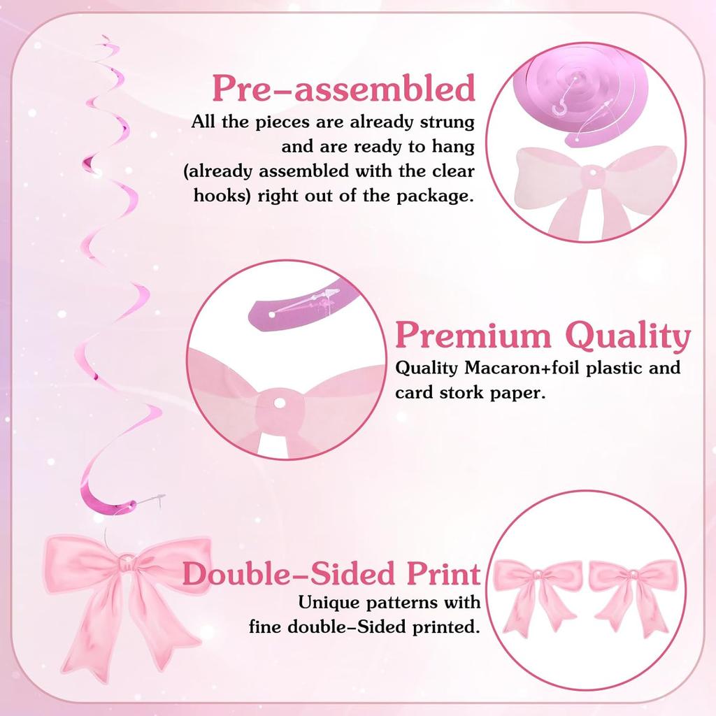 20 Pcs Pink Bow Party Hanging Swirls Decorations Pink Girl Theme Bow Garland Birthday Party Decoration Banner for Baby Shower Bridal Shower