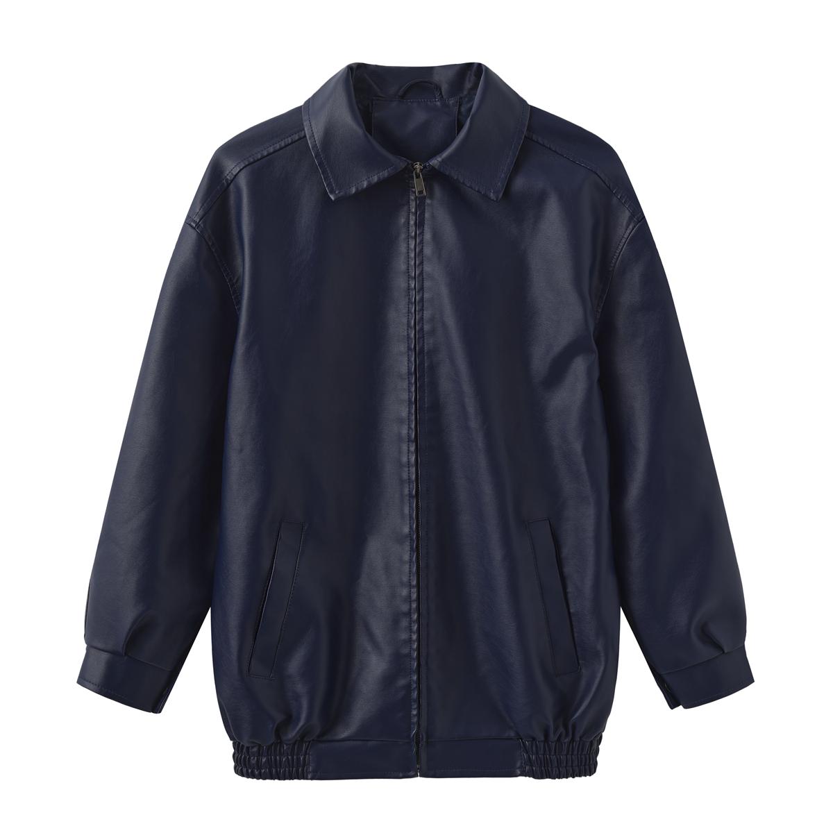 

Женские куртки из искусственной кожи с длинными рукавами и лацканами на молнии, свободная куртка, осень-весна, мотоциклетные топы-бомберы, праздничная повседневная верхняя одежда M темно-синий