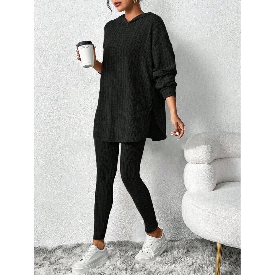

Повседневный комплект из двух частей с круглым вырезом, женская одежда, осенне-зимняя мода, однотонный вязаный свитер с длинным рукавом, элегантный свободный брючный костюм XS