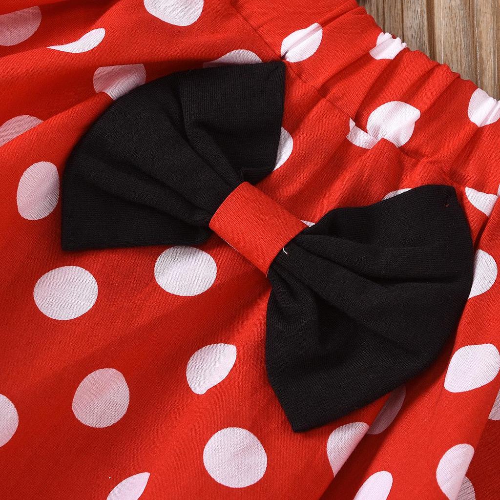 Little Girl Princess Outfit: Black Puff Sleeve Top, Polka Dot Overalls Skirt, and Bow Headband Set