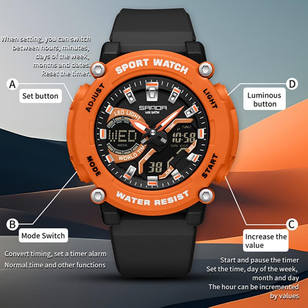 Dual Display Sports Student Watch Men's 5ATM Waterproof Night Light Seismic and Drop resistant Electronic Watch