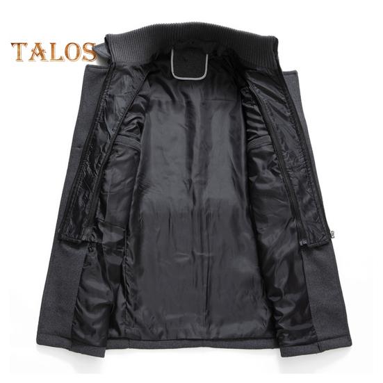 Men Woolen Coat Double Stand Collar Long Sleeve Single-Breasted Solid Color Jacket with Pockets Autumn Winter Mid-length Outwear