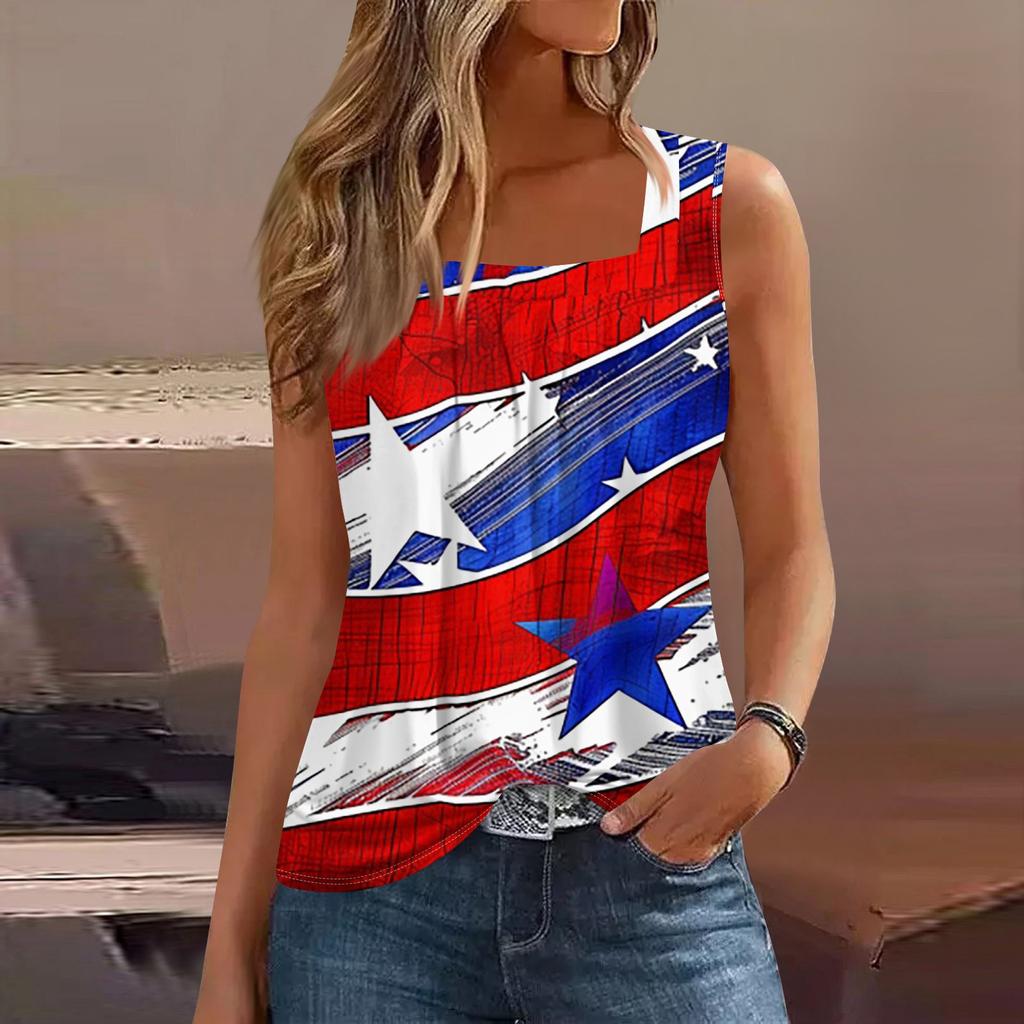 Dámské letní ležérní plisované tílko bez rukávů se čtvercovým výstřihem s potiskem