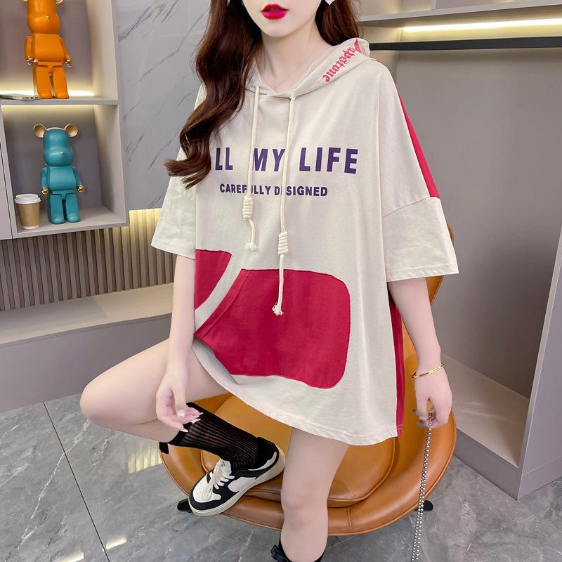Women's Hooded Contrasting Back Panel T Shirt Summer Loose Long Women