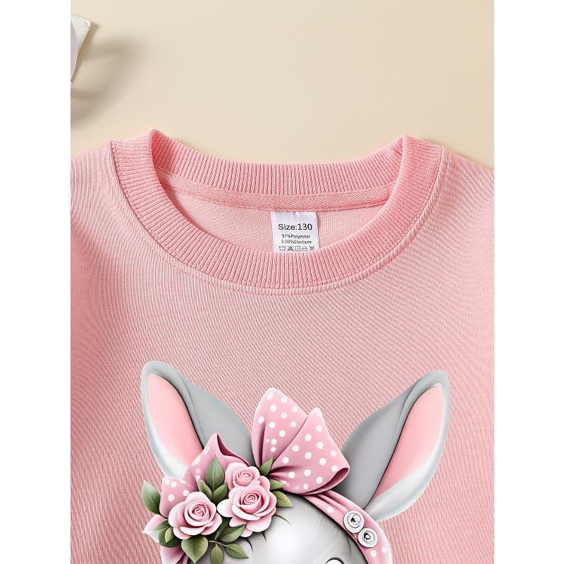 Girls Crew Neck SweatshirtCute Bunny with Pink Roses And Bow, Soft Cozy Pullover, Warm Casual Outfit for Autumn & Winter