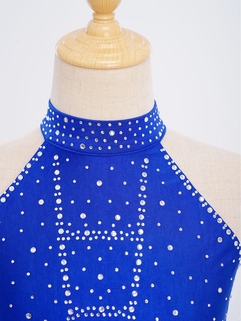 Trblietavý tanečný kostým s perami a strapcami pre deti, dievčatá: Crop top s halter krkom a prekríženým chrbtom a elastickou sukňou pre javiskové vystúpenie