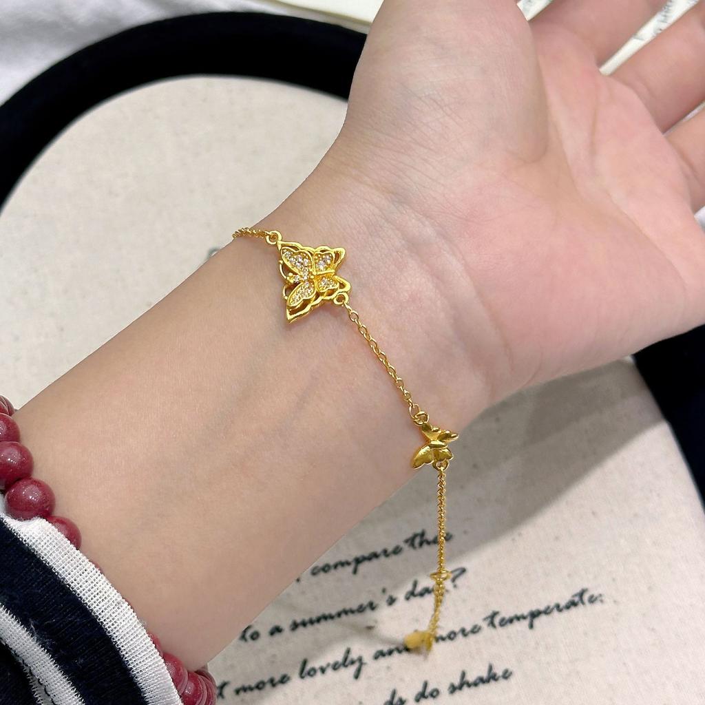 Vietnamese ancient sand gold niche exquisite bracelet micro-inlaid three butterfly hollow bracelet