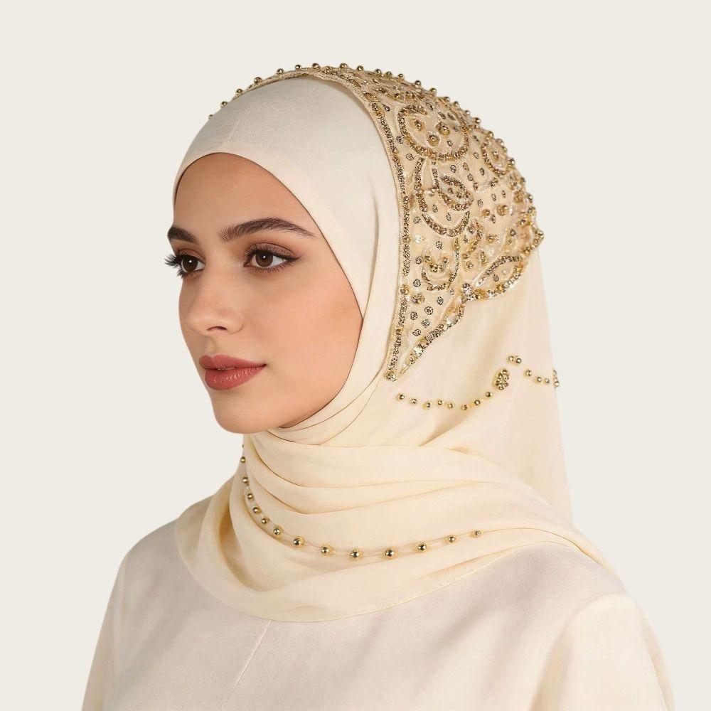 Breathable Muslim Instant Turban Solid Color Islamic Crinkle Shawl New Rhinestone Chiffon Scarf