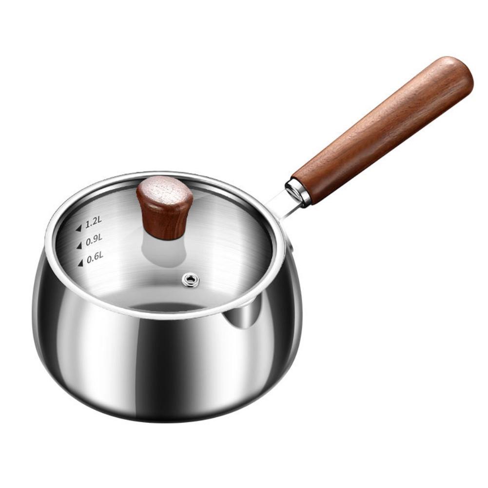 

1 Pcs Stainless Steel Small Milk Pot With Heat-resistant Wooden Handle And Lid Snow Flat Pot, Stainless Steel Milk Pot