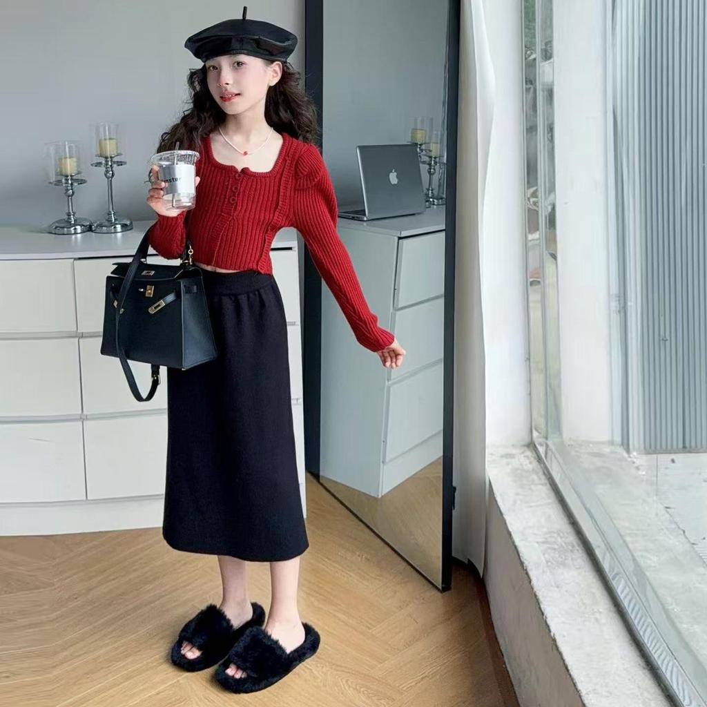 Mädchen Pullover mit Puffärmeln & Rock Set - 2025 Trendige Herbst/Winter Mode für Große Kinder