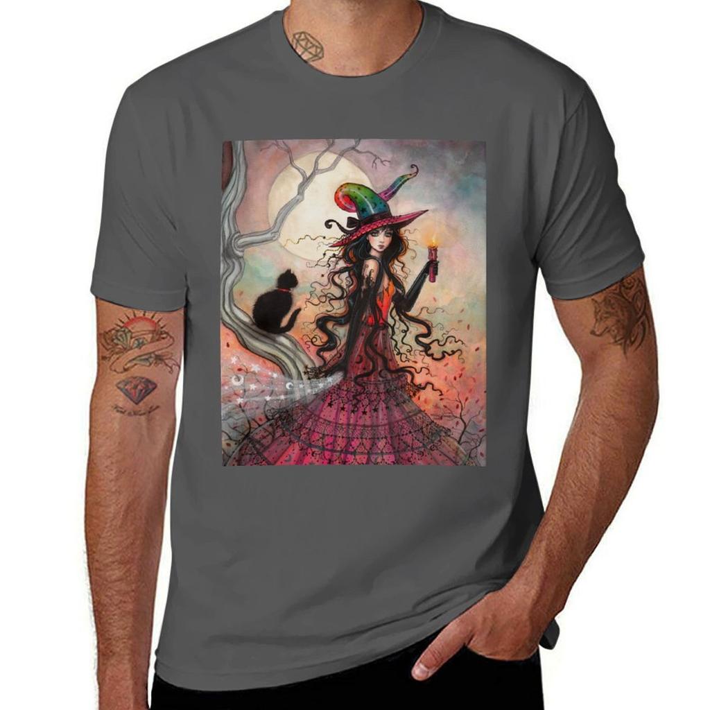 October Flame Witch Cat Fantasy Art By Molly Harrison Tshirt Large Size Short Sleeve Tshirt