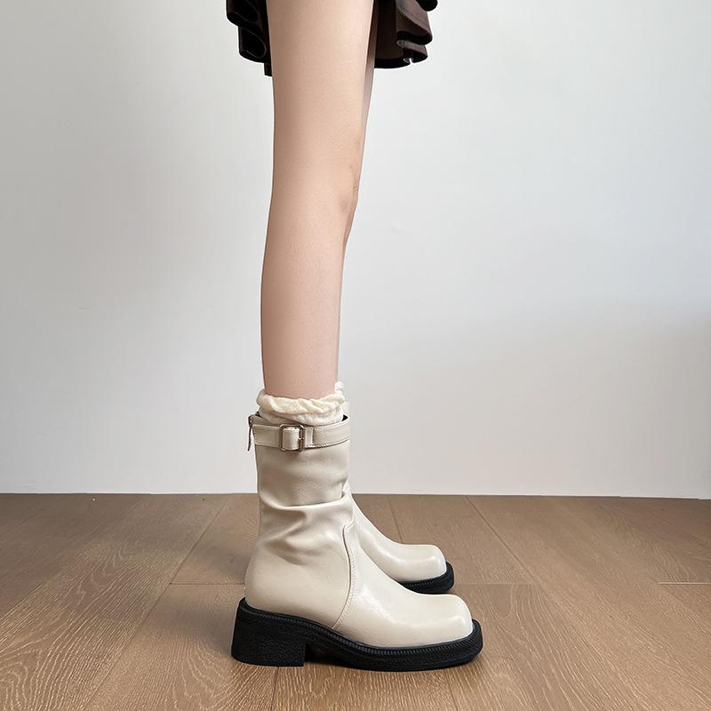 2025 autumn boots women's versatile apricot gentle short tube belt buckle short boots thick heel pile boots