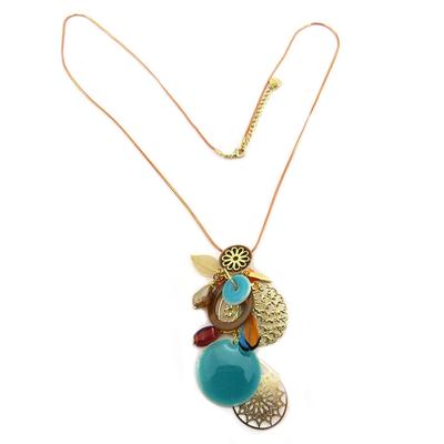 [P8447] - Designer Long Necklace 'Altai' Turquoise Brown Gold - 75 Cm - Pattern 11 Cm
