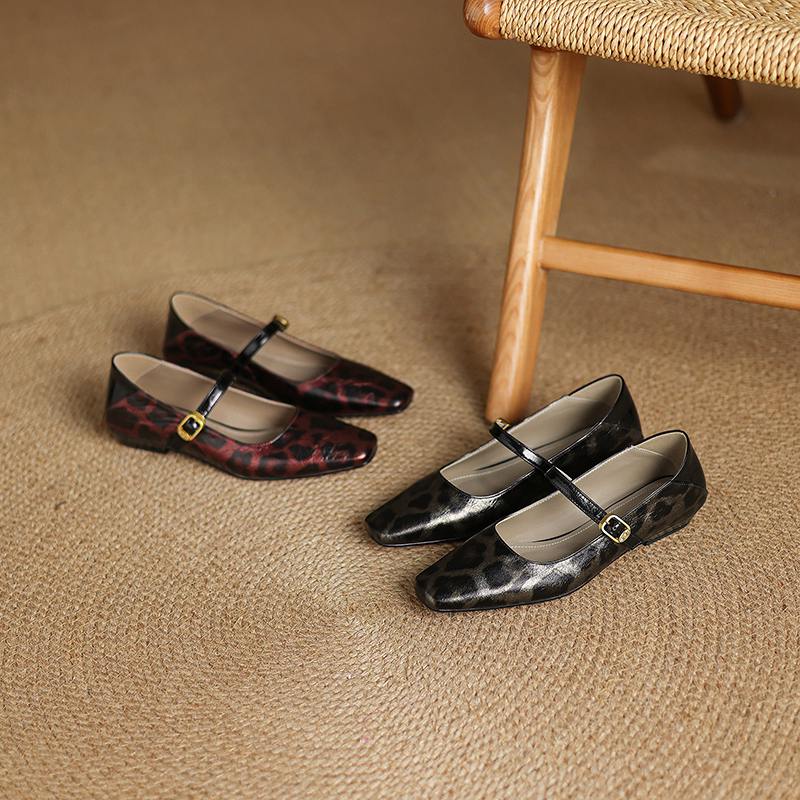 Krazing Pot Cow Skin Spring Summer Size 41 Thick Low Heels Women Square Toe Leopard Metal Buckle Shallow Pumps