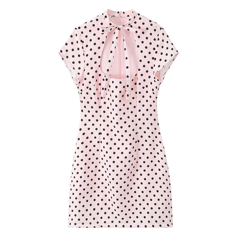 Vintage Polka Dot Dress Women 2026 Summer Hollow Out Stand Neck Short Sleeve Mini Dresses Lady New Sexy Slim Party Vestidos