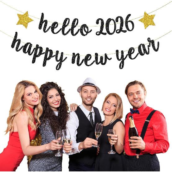 Hello 2026 Banner, Home Office Celebrations Party Decorations Happy New Year Party Hanging Sign New Year's Eve Bunting Supplies Black Glitter