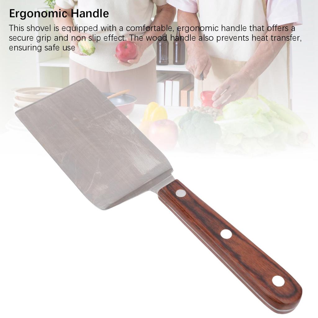 Frying Spatula Wood Handle Stainless Steel Multifunctional Shovel for Barbecue Grill Kitchen Cooking